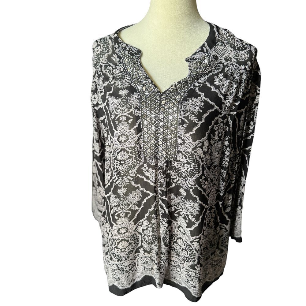 Bila Black White‎ Floral Paisley Print Boho Tunic Long Sleeve V-Neck Blouse XXL